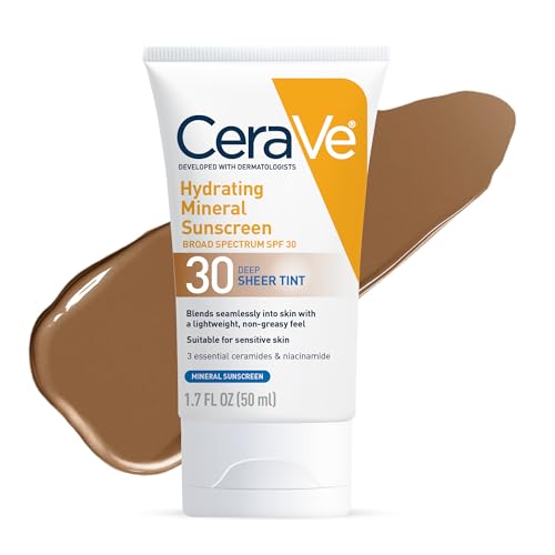 CeraVe Hydrating Mineral Sunscreen SPF 30 with Sheer Tint, Tinted Mineral Sunscreen with Zinc Oxide & Titanium Dioxide, Blends Seamlessly For Healthy Glow, Deep, 1.7 Oz