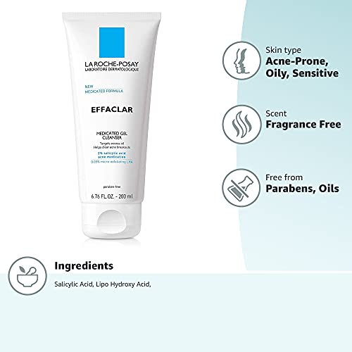 La Roche-Posay Effaclar Medicated Gel Cleanser, 2% Salicylic Acid Cleanser + LHA + Glycerin, Foaming Acne Face Wash, Helps Clear & Prevent Acne Breakouts, Oil Free, Targets Excess Oil