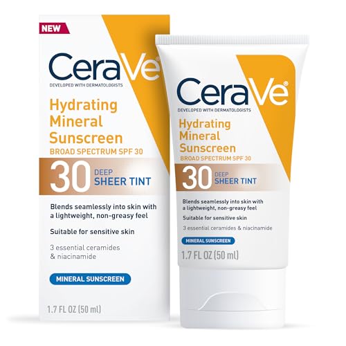 CeraVe Hydrating Mineral Sunscreen SPF 30 with Sheer Tint, Tinted Mineral Sunscreen with Zinc Oxide & Titanium Dioxide, Blends Seamlessly For Healthy Glow, Deep, 1.7 Oz