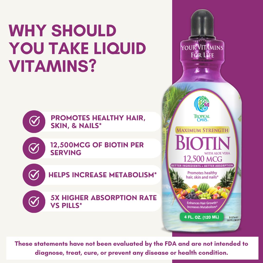 Maximum Strength Liquid Biotin Drops w/ 12,500 MCG – Best Vitamins for Fast Hair Growth, Reduced Hair Loss, Healthy Skin & Strong Nails -5X More Potent Than Pills– Max Absorption, Vegan– 4oz, 30 Serv