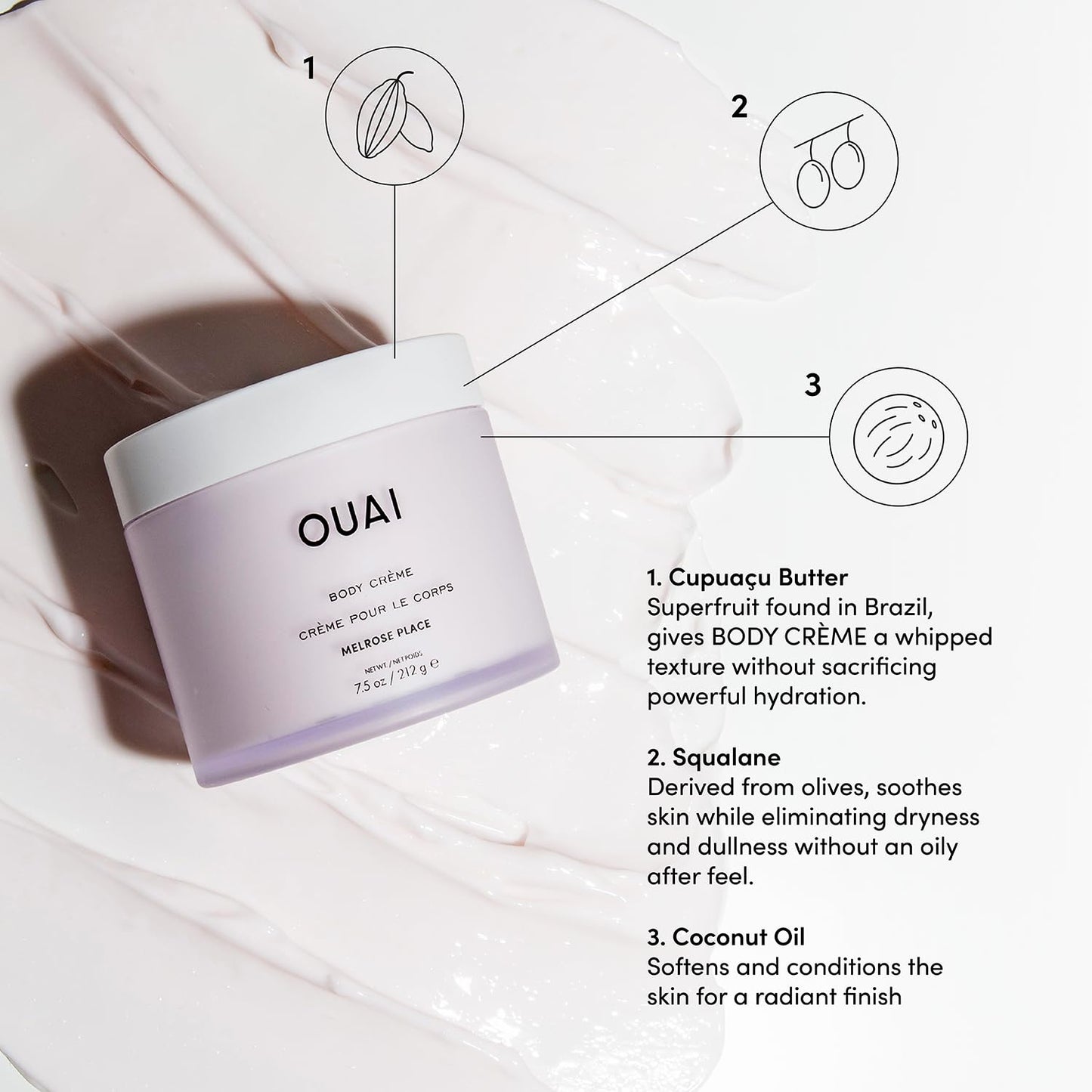 OUAI Body Cream, Melrose Place - Hydrating Whipped Body Cream with Cupuaçu Butter, Coconut Oil and Squalane - Softens Skin and Delivers Healthy-Looking Glow - Sulfate Free Skin Care (7.5 Oz)