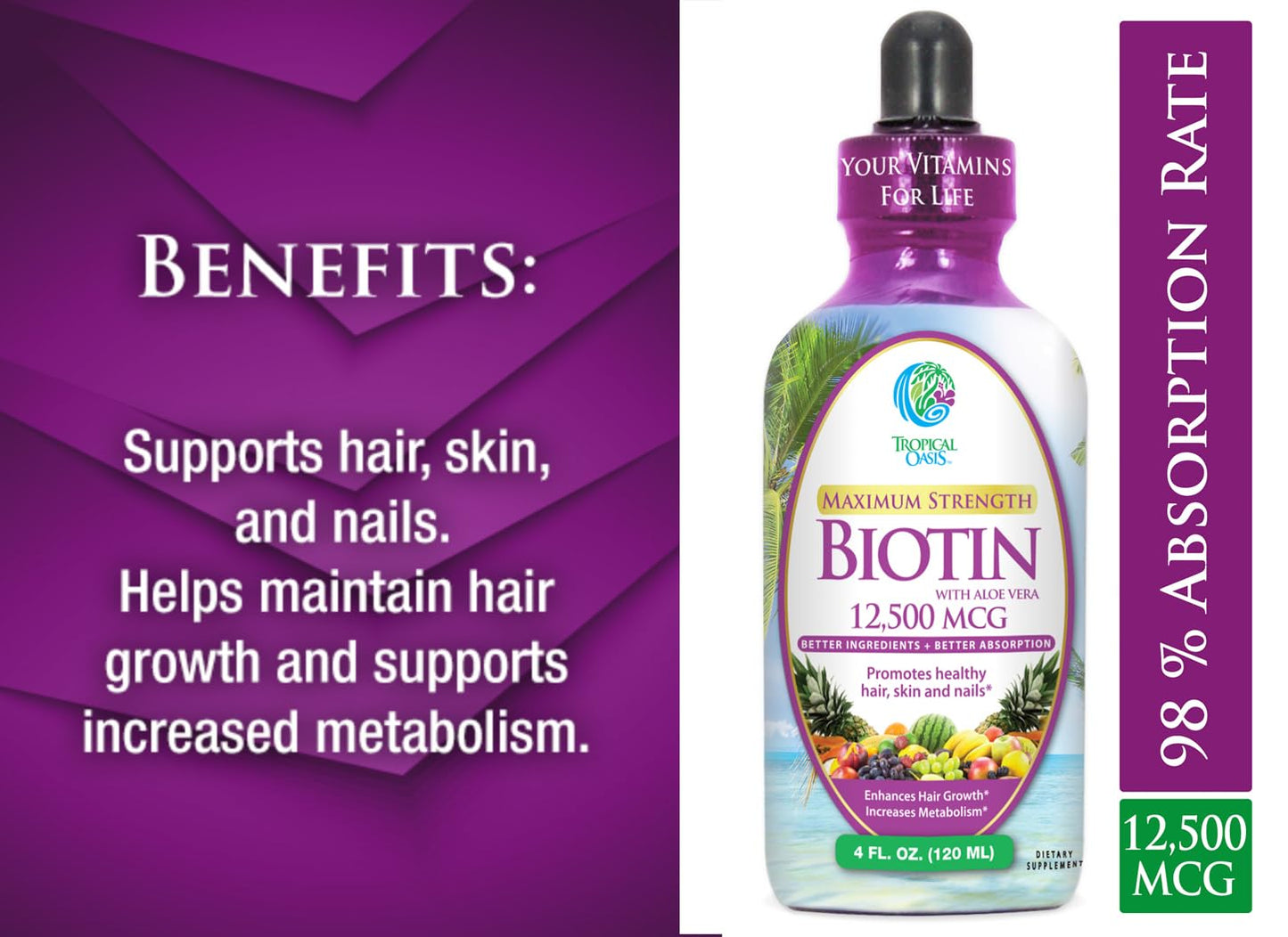 Maximum Strength Liquid Biotin Drops w/ 12,500 MCG – Best Vitamins for Fast Hair Growth, Reduced Hair Loss, Healthy Skin & Strong Nails -5X More Potent Than Pills– Max Absorption, Vegan– 4oz, 30 Serv