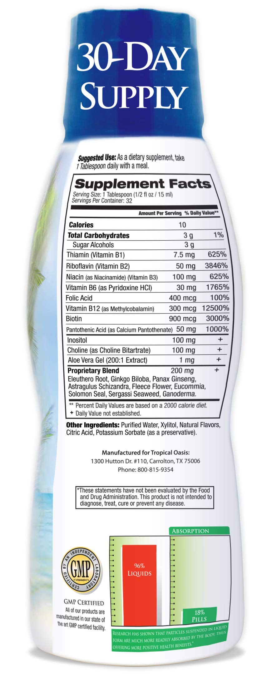 Premium Liquid B Complex Vitamin- Fast Absorbing Liquid B-Complex Supplement w/ all 8 B-vitamins, PLUS energizing herbal blend w/ Ginseng, Ginkgo, and Eleuthero Root - Vegan, NON-GMO - 16oz, 32 Serv