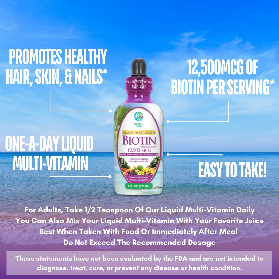 Maximum Strength Liquid Biotin Drops w/ 12,500 MCG – Best Vitamins for Fast Hair Growth, Reduced Hair Loss, Healthy Skin & Strong Nails -5X More Potent Than Pills– Max Absorption, Vegan– 4oz, 30 Serv