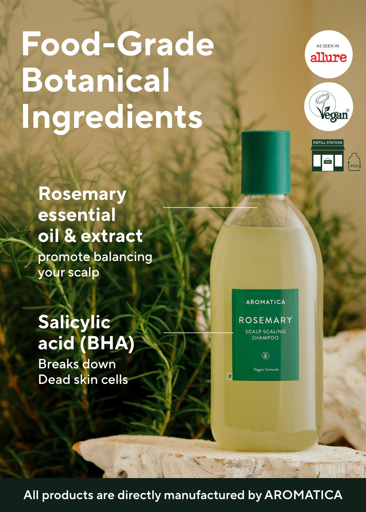 AROMATICA Rosemary Scalp Scaling Shampoo - Vegan Hair Growth Biotin Shampoo, Thinning Hair Loss Natural Shampoo For Women - Free from Sulfate, Silicone, and Paraben (13.53 oz)