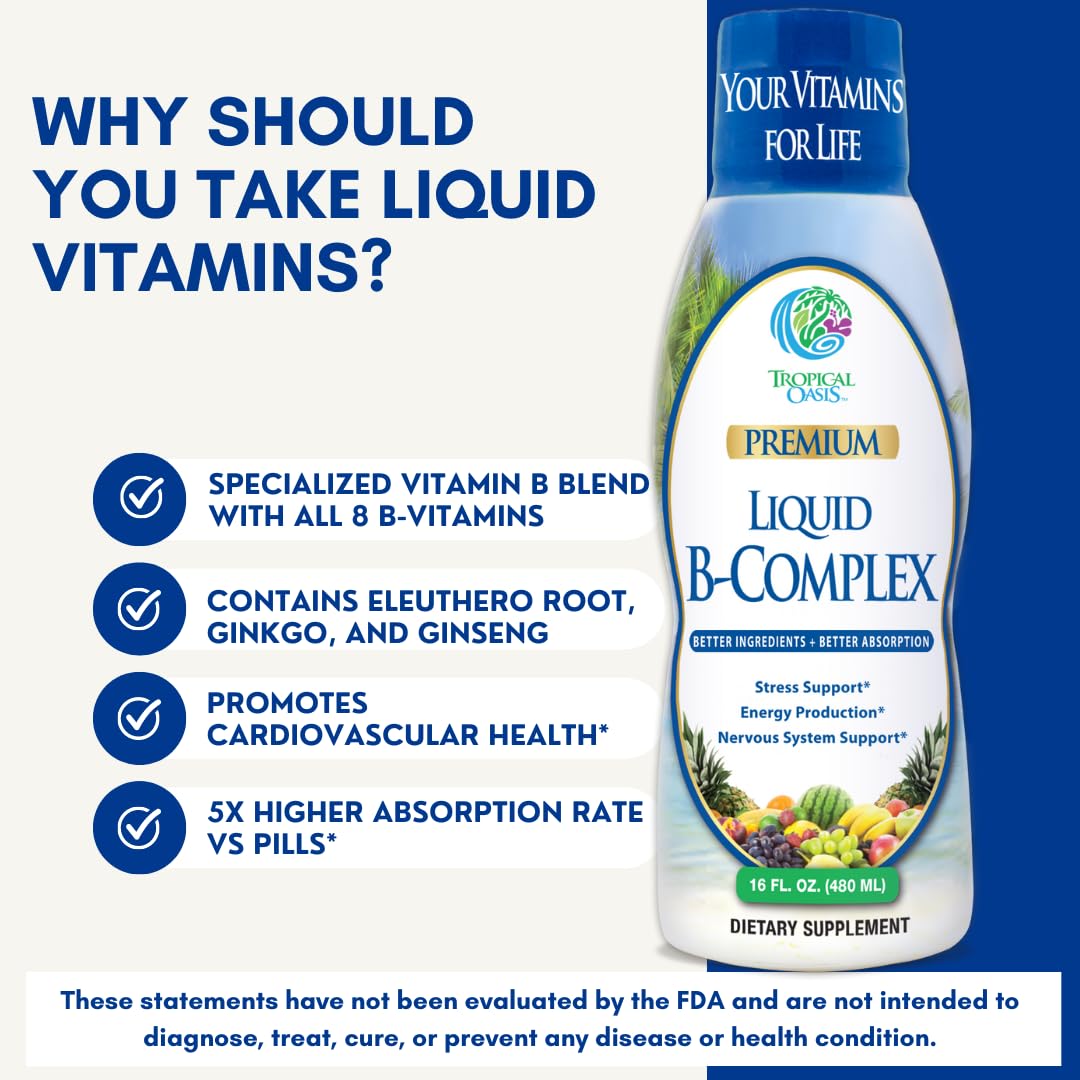 Premium Liquid B Complex Vitamin- Fast Absorbing Liquid B-Complex Supplement w/ all 8 B-vitamins, PLUS energizing herbal blend w/ Ginseng, Ginkgo, and Eleuthero Root - Vegan, NON-GMO - 16oz, 32 Serv