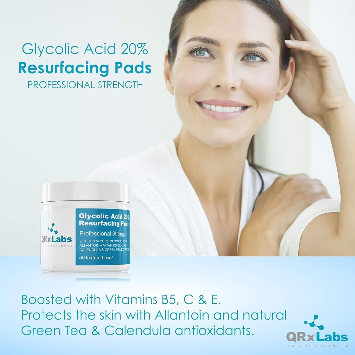 QRxLabs Glycolic Acid 20% Resurfacing Pads for Face & Body with Vitamins B5, C & E, Green Tea, Calendula, Allantoin - Exfoliates Surface Skin and Reduces Fine Lines and Wrinkles - Peel Pads