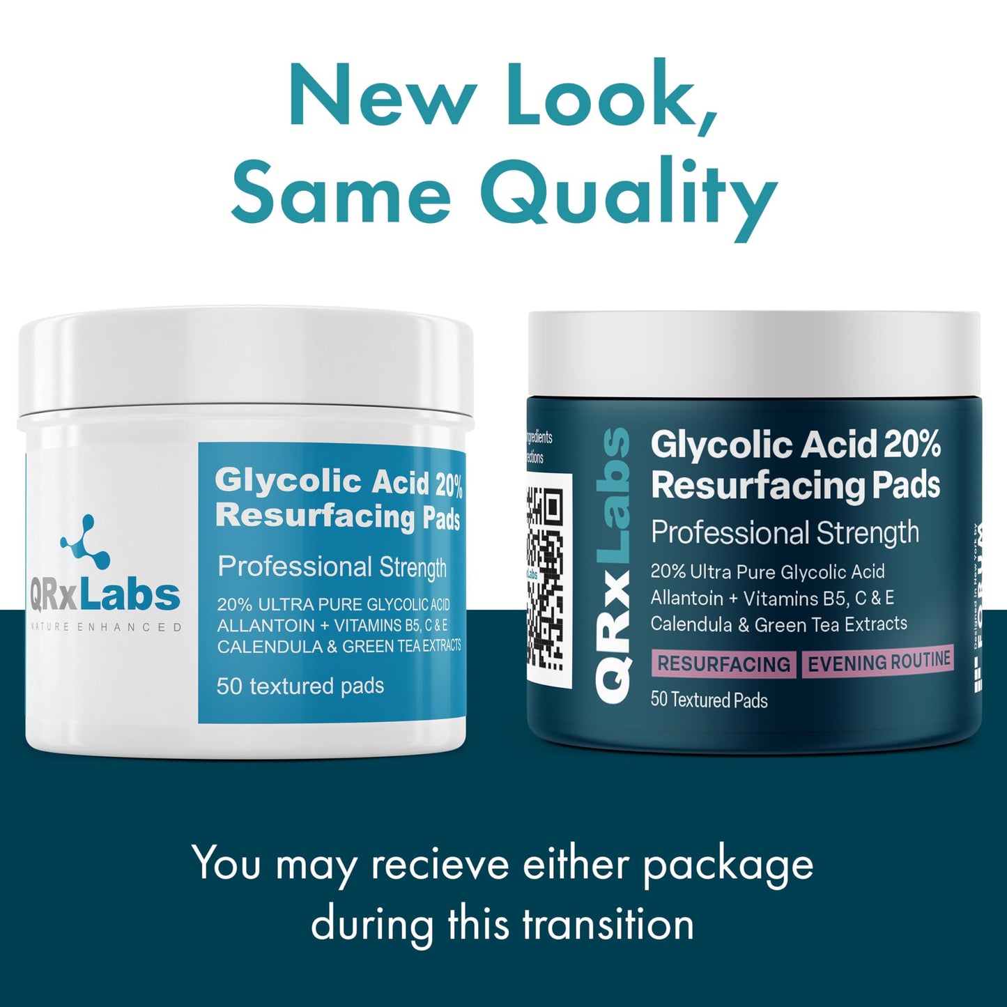 QRxLabs Glycolic Acid 20% Resurfacing Pads for Face & Body with Vitamins B5, C & E, Green Tea, Calendula, Allantoin - Exfoliates Surface Skin and Reduces Fine Lines and Wrinkles - Peel Pads