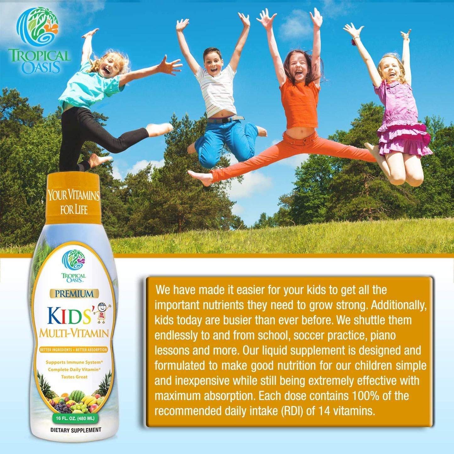 Premium Liquid Multivitamin For Kids | Sugar Free Kids Vitamins | 100% DV of 14 Vitamins for Kids | Multivitamin for Children Ages 4+ | Great Tasting, Non-GMO, Max 98% Absorption Rate- 16 oz, 32 Serv