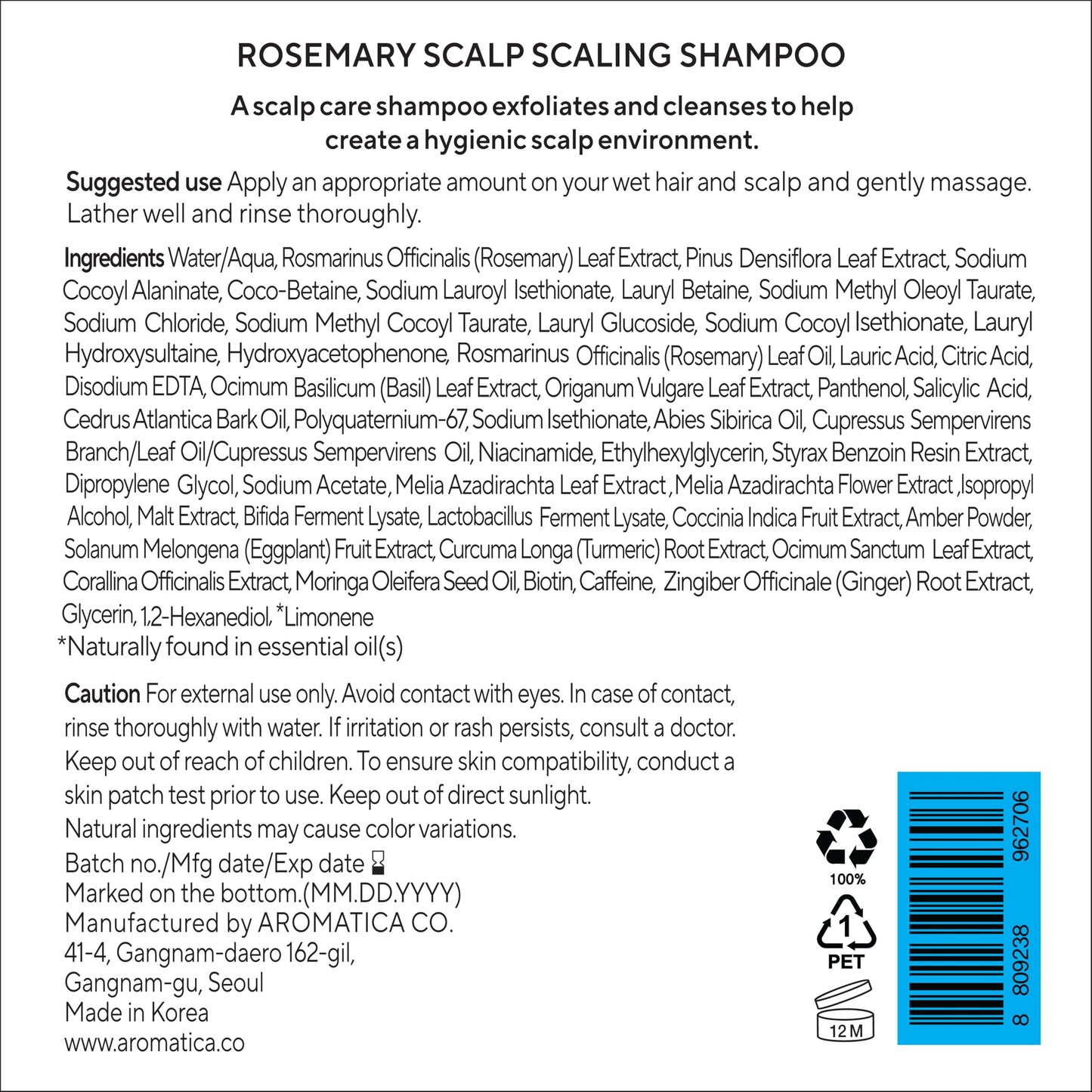 AROMATICA Rosemary Scalp Scaling Shampoo - Vegan Hair Growth Biotin Shampoo, Thinning Hair Loss Natural Shampoo For Women - Free from Sulfate, Silicone, and Paraben (13.53 oz)