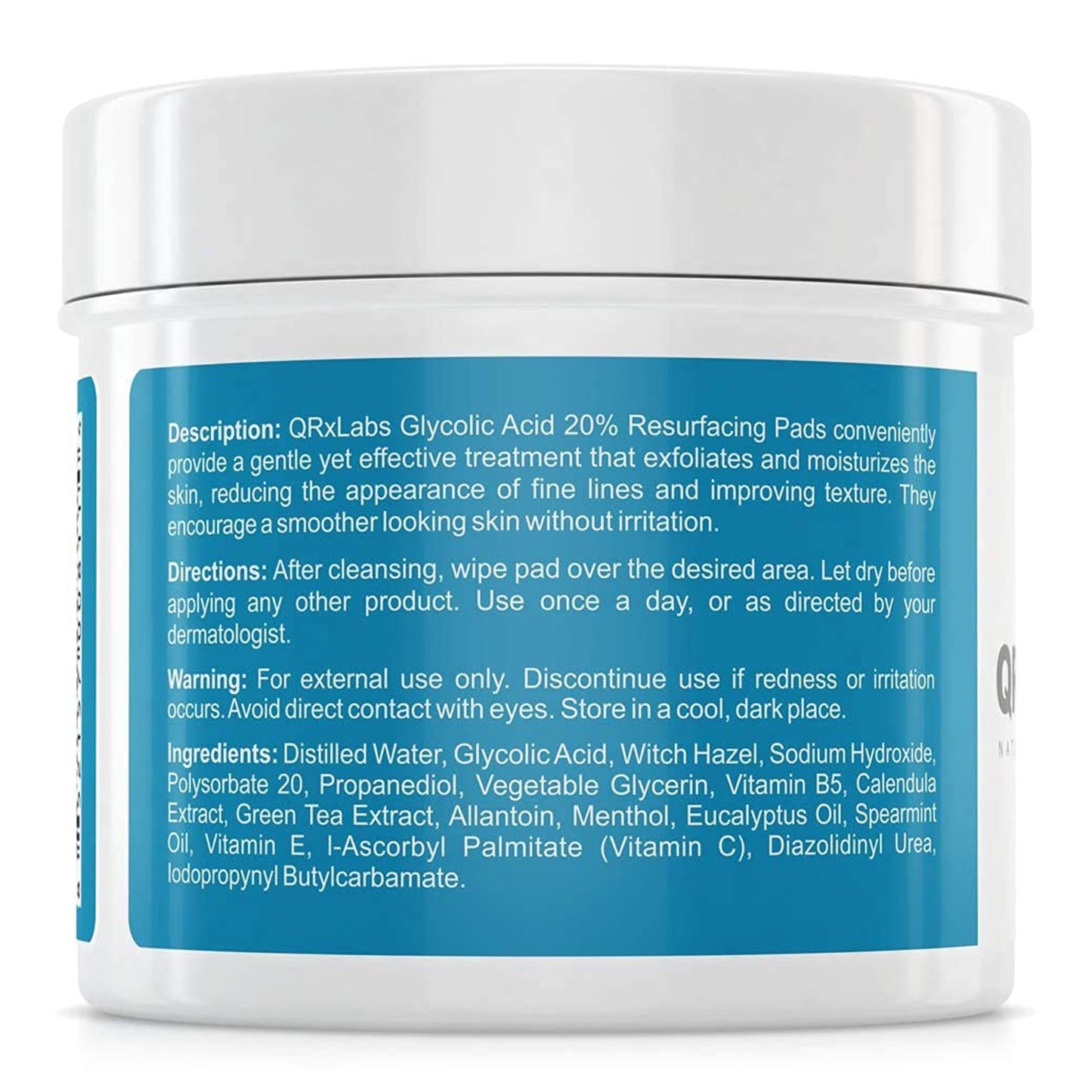 QRxLabs Glycolic Acid 20% Resurfacing Pads for Face & Body with Vitamins B5, C & E, Green Tea, Calendula, Allantoin - Exfoliates Surface Skin and Reduces Fine Lines and Wrinkles - Peel Pads